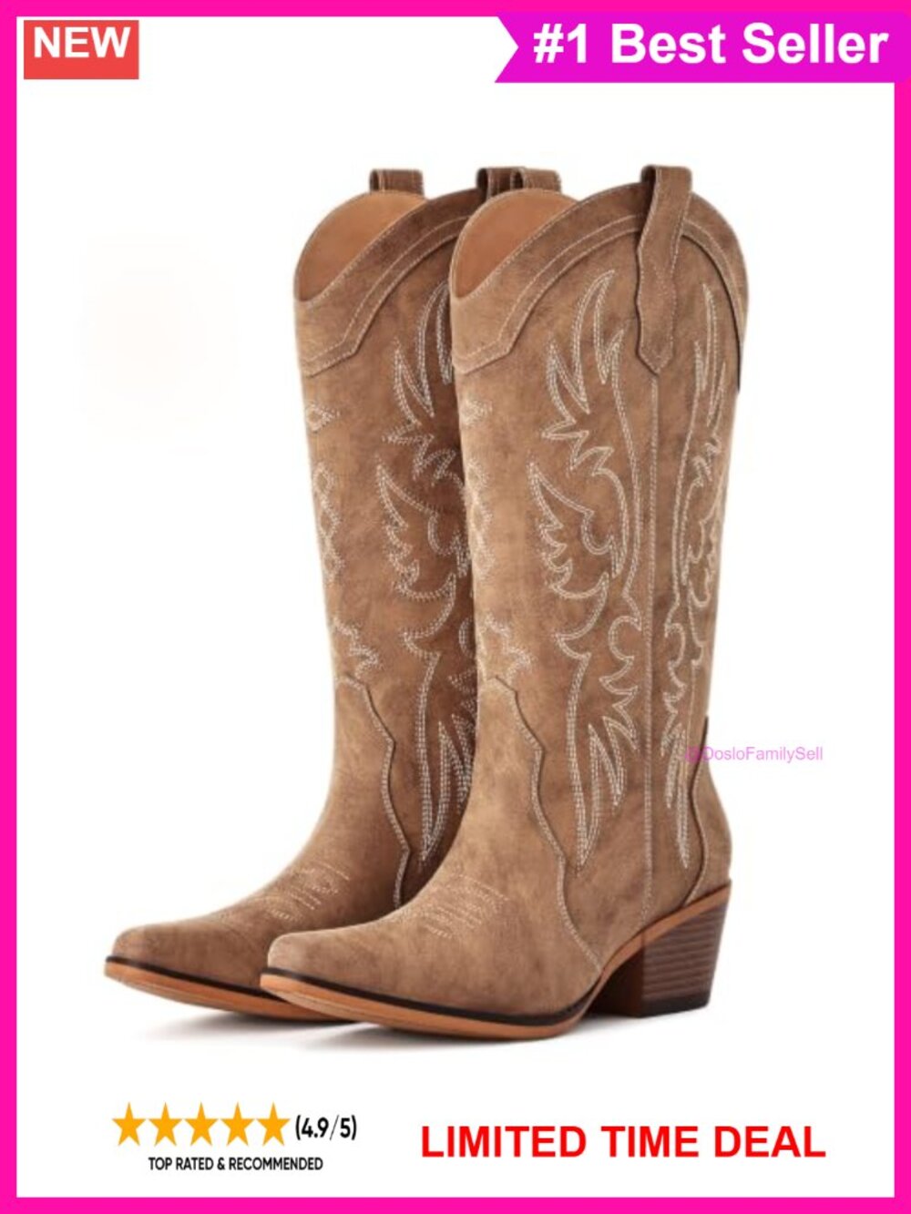 Faux Leather Cowboy Boots Women Mid Calf Snip Toe Western Pull On